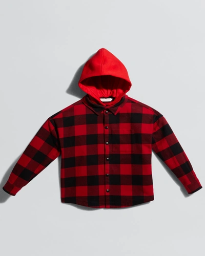 Shop Palm Angels Boy's Contrast Logo Check Hooded Shirt In Red White