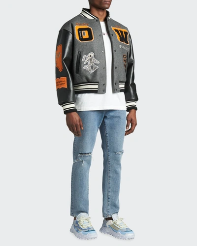 Shop Off-white Men's Leather Logo Varsity Jacket In Medium Grey Multi
