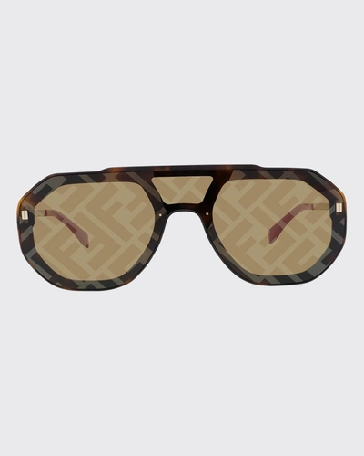 Shop Fendi Men's Logo Acetate Shield Sunglasses In 52g Dark Havana