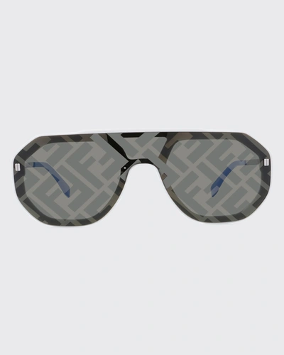 Shop Fendi Men's Logo Acetate Shield Sunglasses In 25c Ivory/smoke
