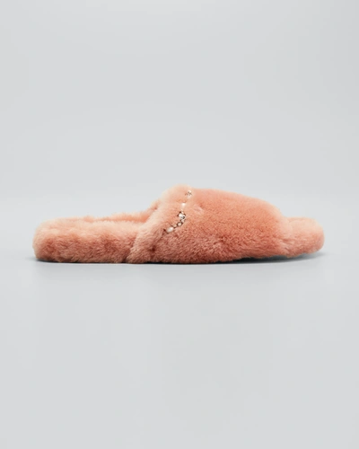 Shop Jimmy Choo Acinda Shearling Crystal-strap Slide Sandals In Blush/crystal