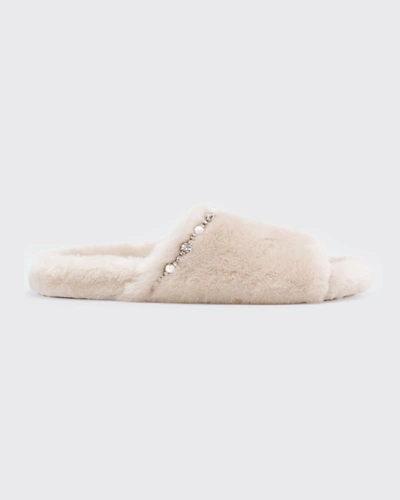 Shop Jimmy Choo Acinda Shearling Crystal-strap Slide Sandals In Natcry Mix