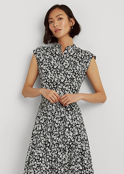 Shop Lauren Ralph Lauren Floral Crepe Sleeveless Dress In Polo Black/white