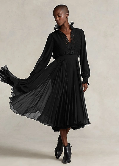 Ralph Lauren Lace-trim Pleated Georgette Dress In Polo Black | ModeSens