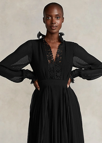 Ralph Lauren Lace-trim Pleated Georgette Dress In Polo Black | ModeSens
