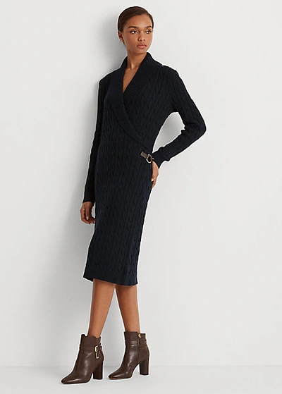 Ralph Lauren black wool wrap coat, camel sweater dress with Chanel