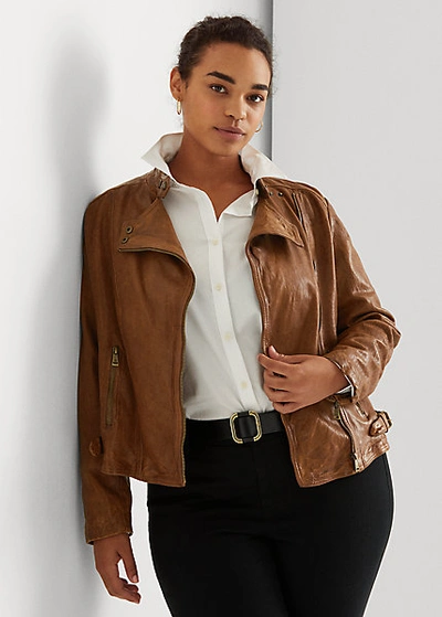 Shop Lauren Woman Burnished Leather Moto Jacket In Dark Walnut