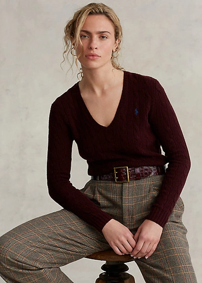 Shop Ralph Lauren Cable V-neck Sweater In Aged Wine Melange