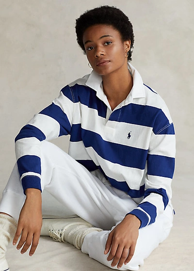 Ralph Lauren Cotton Cropped Rugby Shirt In Deckwash White/fall Royal |  ModeSens