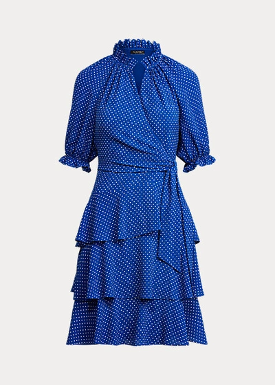 Shop Lauren Ralph Lauren Polka-dot Crepe Dress In Sapphire Star/cream