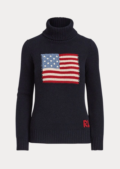 Shop Ralph Lauren Flag Cashmere Turtleneck Sweater In Cream W/ Flag