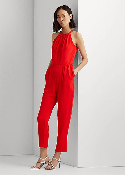 Shop Lauren Ralph Lauren Crepe Halter Jumpsuit In Bright Hibiscus
