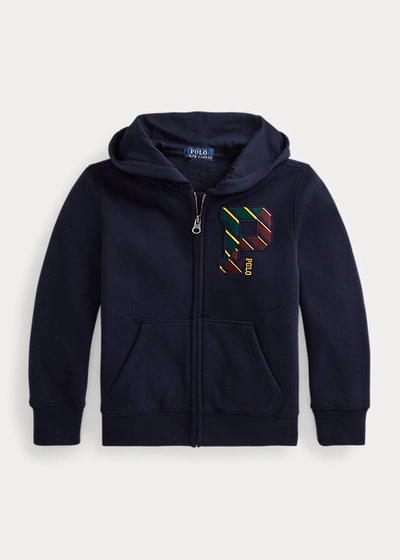 Shop Polo Ralph Lauren Letterman Fleece Full-zip Hoodie In Hunter Navy