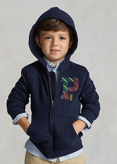 Shop Polo Ralph Lauren Letterman Fleece Full-zip Hoodie In Hunter Navy