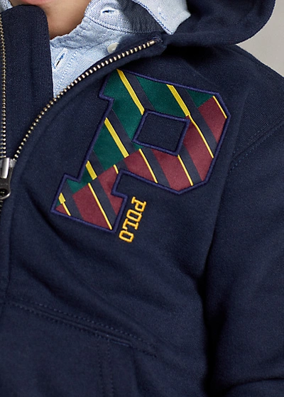 Shop Polo Ralph Lauren Letterman Fleece Full-zip Hoodie In Hunter Navy