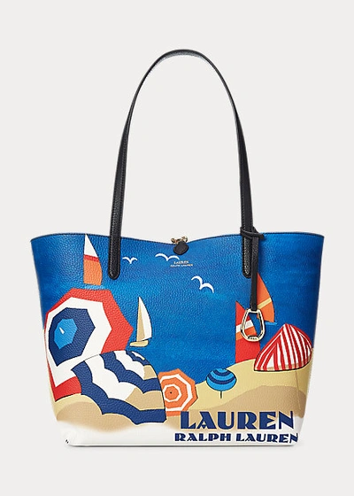 Shop Lauren Ralph Lauren Faux-leather Beach-print Reversible Tote In Umbrella Beachscene