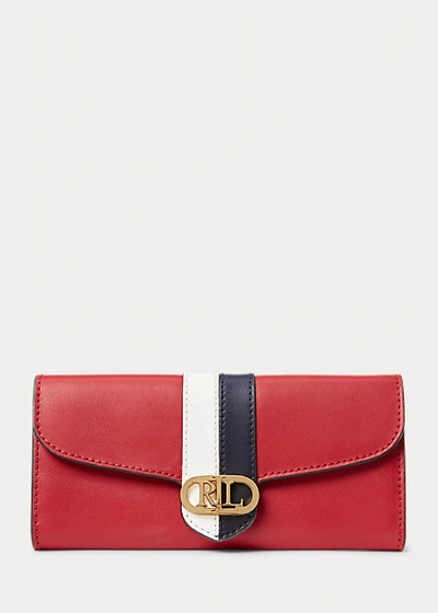 Shop Lauren Ralph Lauren Pebbled Leather Continental Wallet In Red/white/navy