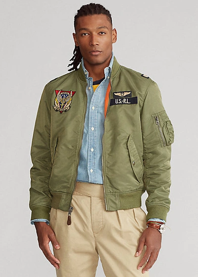 Shop Ralph Lauren Twill Bomber Jacket In Olive/coastal Orange