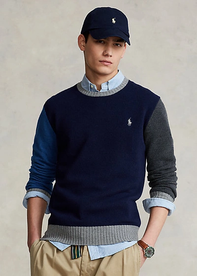 Shop Ralph Lauren Color-blocked Wool-cashmere Sweater In Hunter Navy Multi