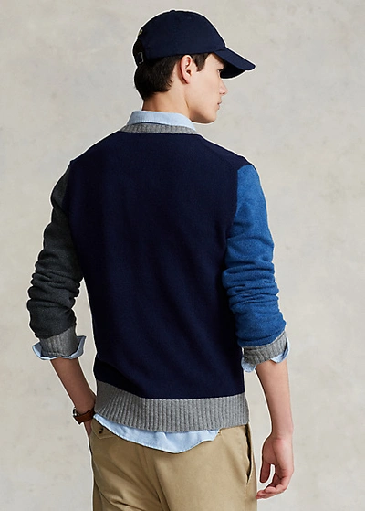 Shop Ralph Lauren Color-blocked Wool-cashmere Sweater In Hunter Navy Multi