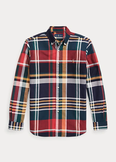 Shop Ralph Lauren Classic Fit Plaid Oxford Shirt In Navy/red