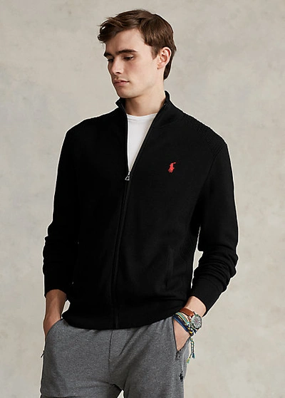 Shop Ralph Lauren Mesh-knit Cotton Full-zip Sweater In Polo Black