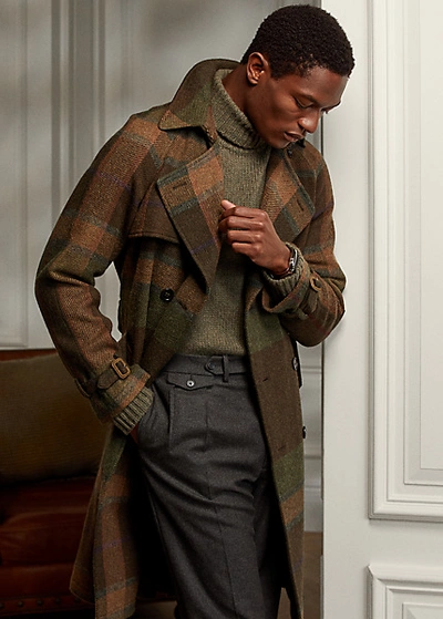 Reversible checked tweed and felt-paneled gabardine trench coat