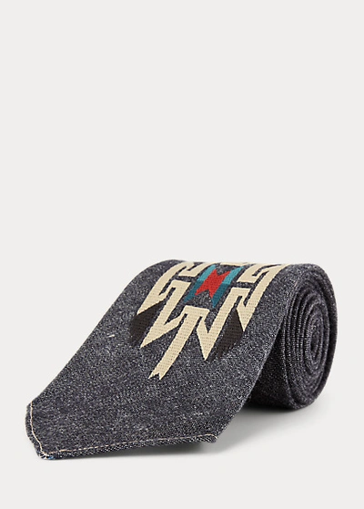 Shop Double Rl Handmade Embroidered Denim Tie In Indigo