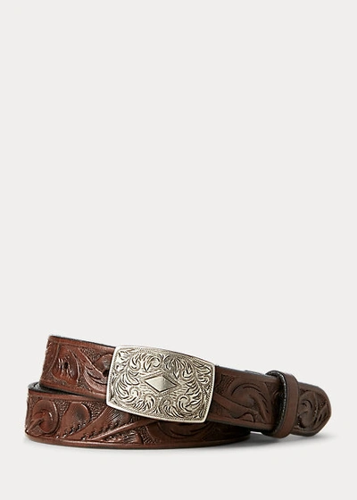 Shop Double Rl Hand-tooled Leather Belt In Brown