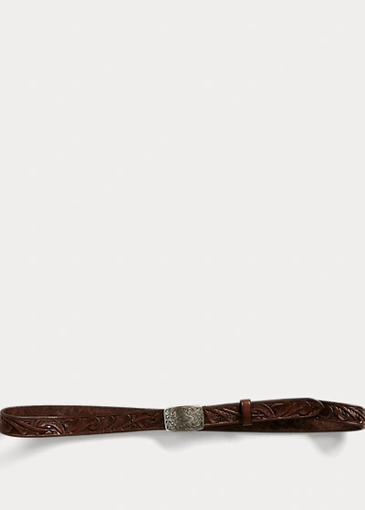 Shop Double Rl Hand-tooled Leather Belt In Brown