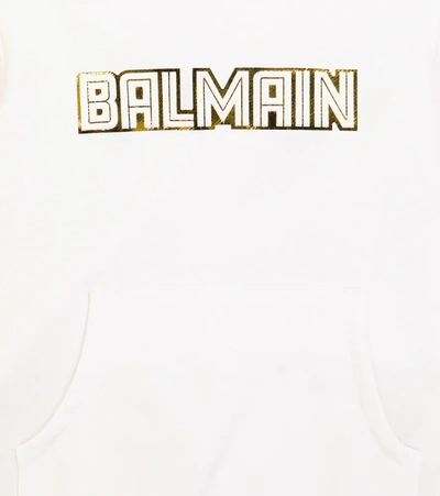 Balmain Logo Cotton-jersey Hoodie In Bianco/oro