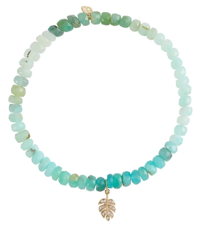 Sydney Evan Tiny Monstera Leaf 14kt Gold Beaded Charm Bracelet With Diamonds In Peruvian Opal