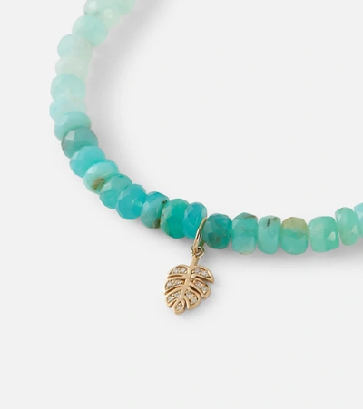 Sydney Evan Tiny Monstera Leaf 14kt Gold Beaded Charm Bracelet With Diamonds In Peruvian Opal