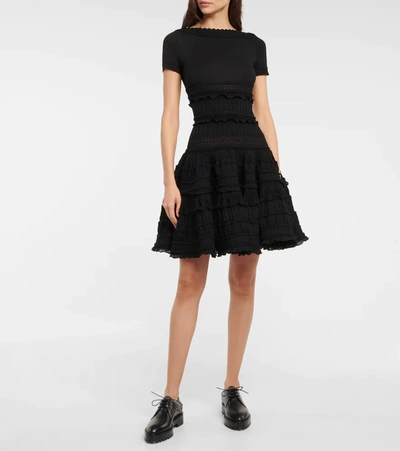 Shop Alaïa Scalloped Lace Wool-blend Knit Dress In Noir