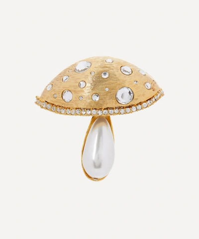 Shop Kenneth Jay Lane Gold-plated Crystal And Faux Pearl Mushroom Brooch