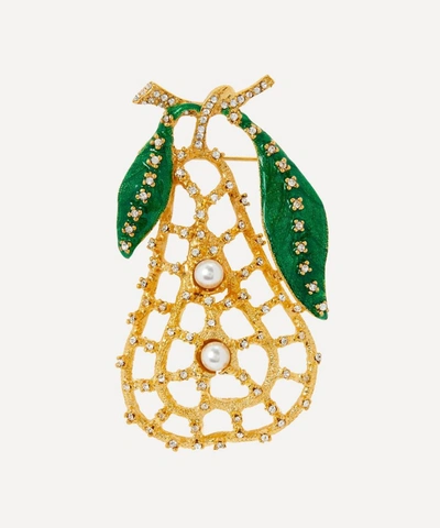 Shop Kenneth Jay Lane Gold-plated Crystal And Faux Pearl Enamel Pear Brooch In Green