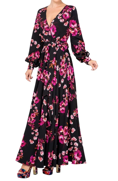 Shop Meghan La Lilypad Wrap Maxi Dress In Jasmine Black Cranberry