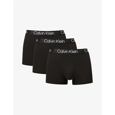 Shop Calvin Klein Mens Black Logo-print Fitted Low-rise Pack Of Three Stretch Cotton-blend Trunks M