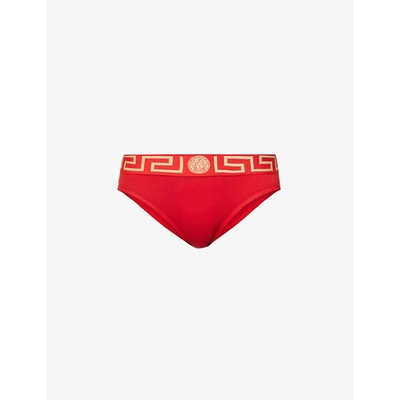 Shop Versace Greca-border Mid-rise Stretch-cotton Jersey Briefs In A1203 Red