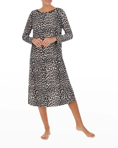 Shop Kate Spade Animal-print Long-sleeve Nightgown In Brown Pt