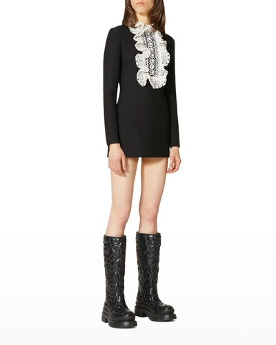 Shop Valentino Crochet Ruffled Bib Mini Dress In Blk/ivory