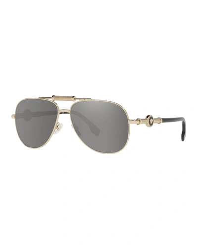 Shop Versace Medusa Coin Metal Aviator Sunglasses In Pale Gold