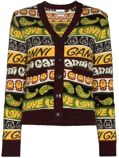 Shop Ganni Smiley Knitted Cardigan In Grün