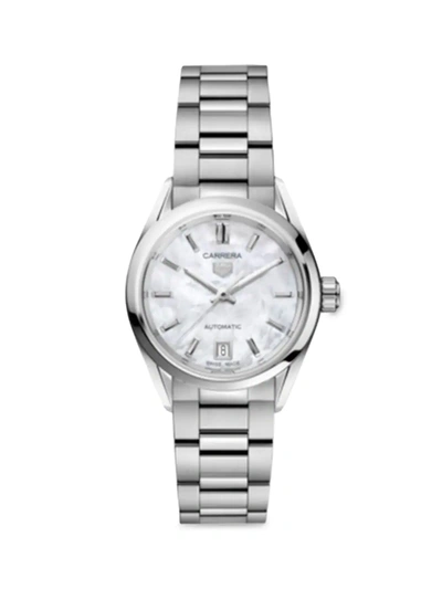 Shop Tag Heuer Women's Carrera Stainless Steel & Mother-of-pearl Dial Automatic 29mm Bracelet Watch In Silver