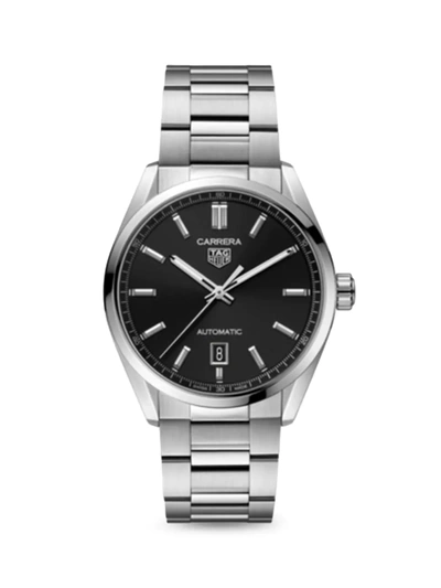 Shop Tag Heuer Carrera Stainless Steel & Black Dial Automatic 39mm Bracelet Watch In Silver