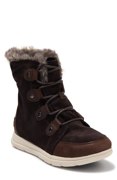 Shop Sorel Explorer Joan Waterproof Boot With Faux Fur Collar In Blackened Brown