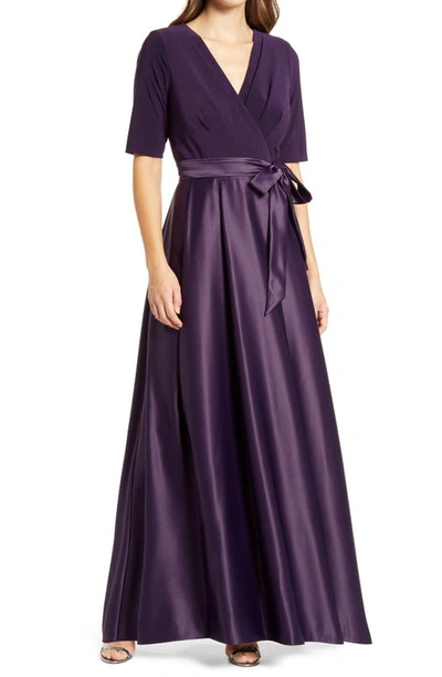 Shop Alex Evenings Surplice Neckline Satin Formal Dress In Eggplant