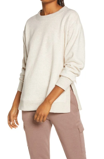 Zella Cara Side Zip Crewneck Sweatshirt In Beige Oatmeal Light Heather