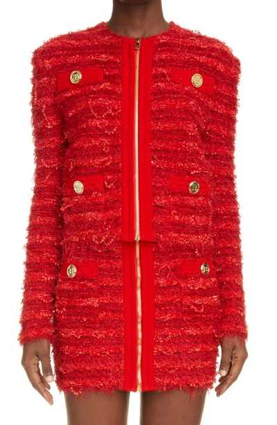 Shop Balmain Metallic Tweed Jacket In 3bz Rouge