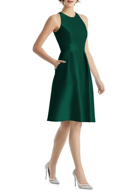 Shop Alfred Sung Jewel Neck Satin Cocktail Dress In Hunter